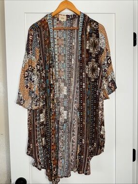 Sterling & Stitch Boho Printed Kimono Cardigan — Brown, Turquoise & Cream Sz MD